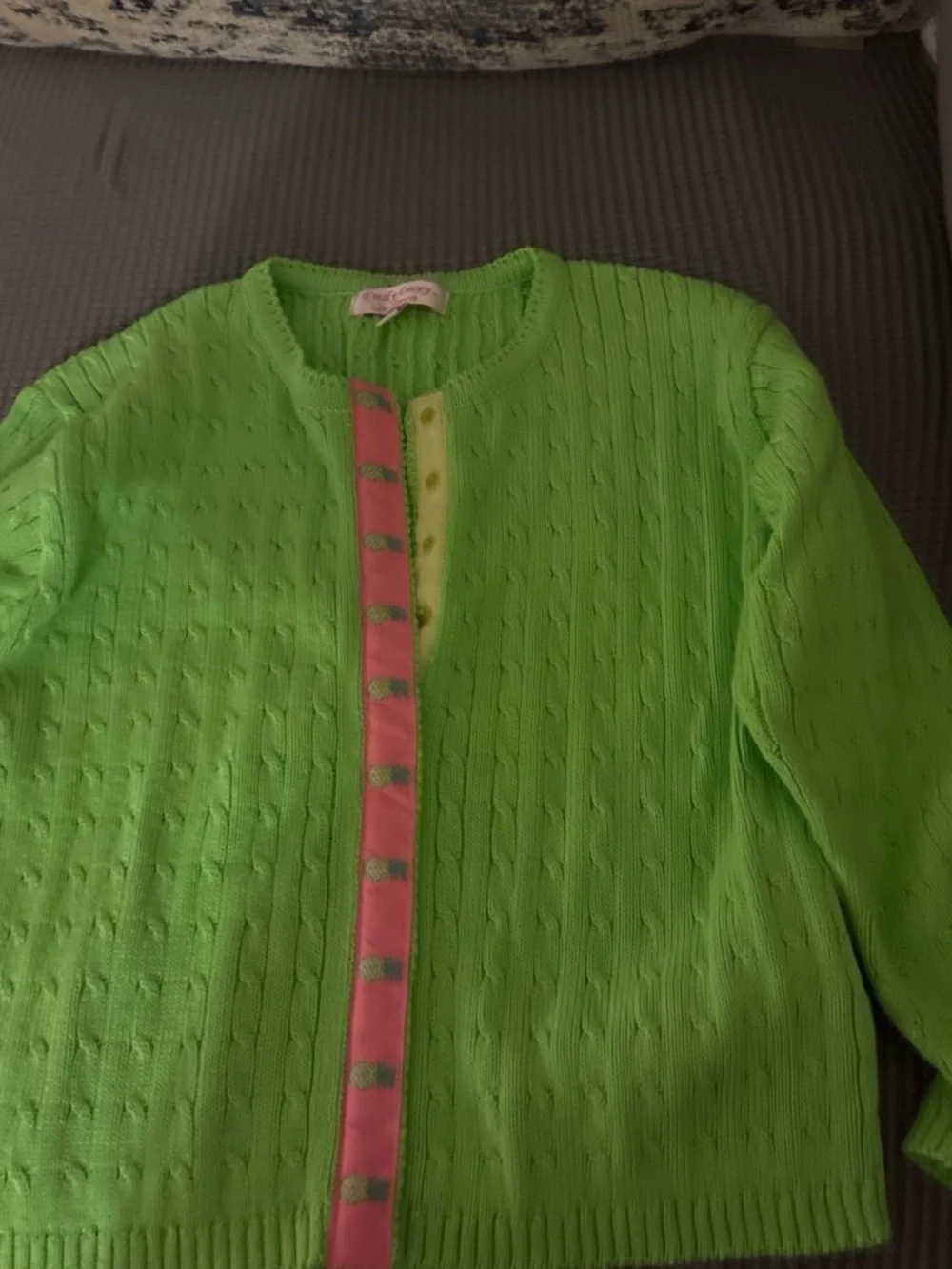 Girls Lime Green Cable-Knit Cardigan with Pink Trim